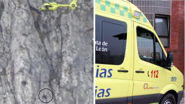 A la izquierda, imagen del rescate. Fotografía de un vecino de Fontún de Tercia a la Junta de Castilla y León a la izquierda. A la derecha una imagen de archivo de una ambulancia