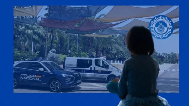 Ilustración de niña abandonada e imagen conjunta de las patrullas de policía en Elche.