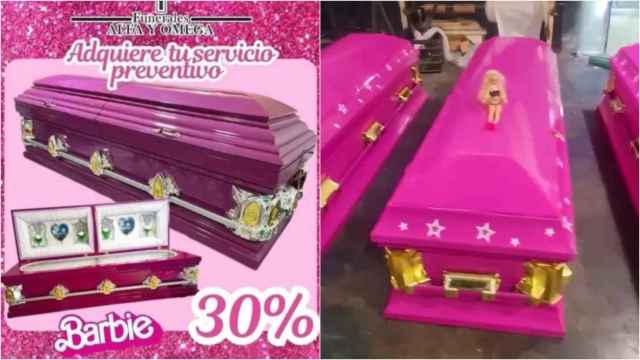 Imágenes de los ataúdes rosas que una funeraria está vendiendo tras el éxito de 'Barbie'.