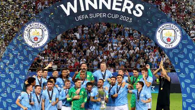 El Manchester City celebra el título de campeón de la Supercopa de Europa.