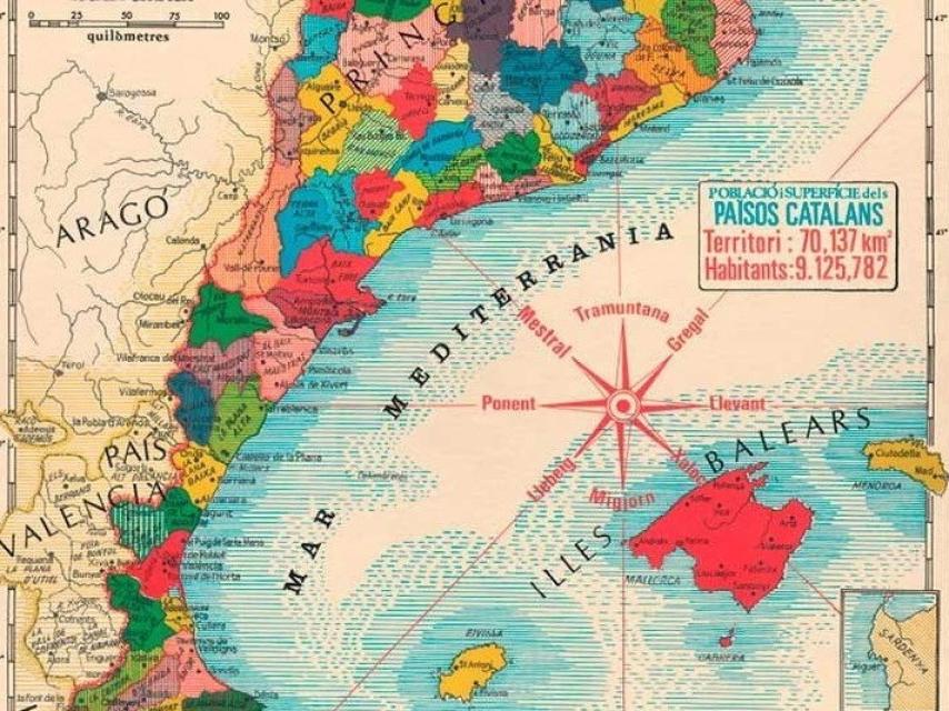 Mapa de los supuestos Países Catalanes con sus comarcas, de Joan Ballester (1971).