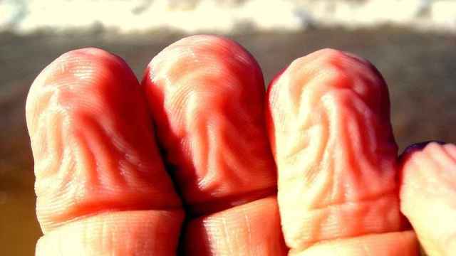 Imagen de unos dedos arrugados en la playa.