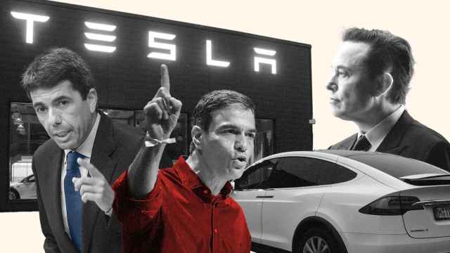 Ilustración en la que aparecen el presidente en funciones del Gobierno, Pedro Sánchez; el presidente de la Generalitat Valenciana, Carlos Mazón, y el CEO de Tesla, Elon Musk.
