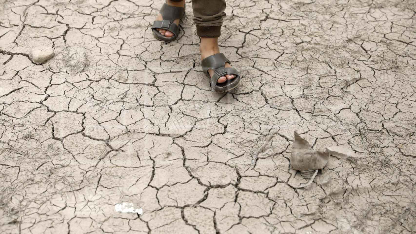 Un persona camina sobre tierra afectada por la sequía.