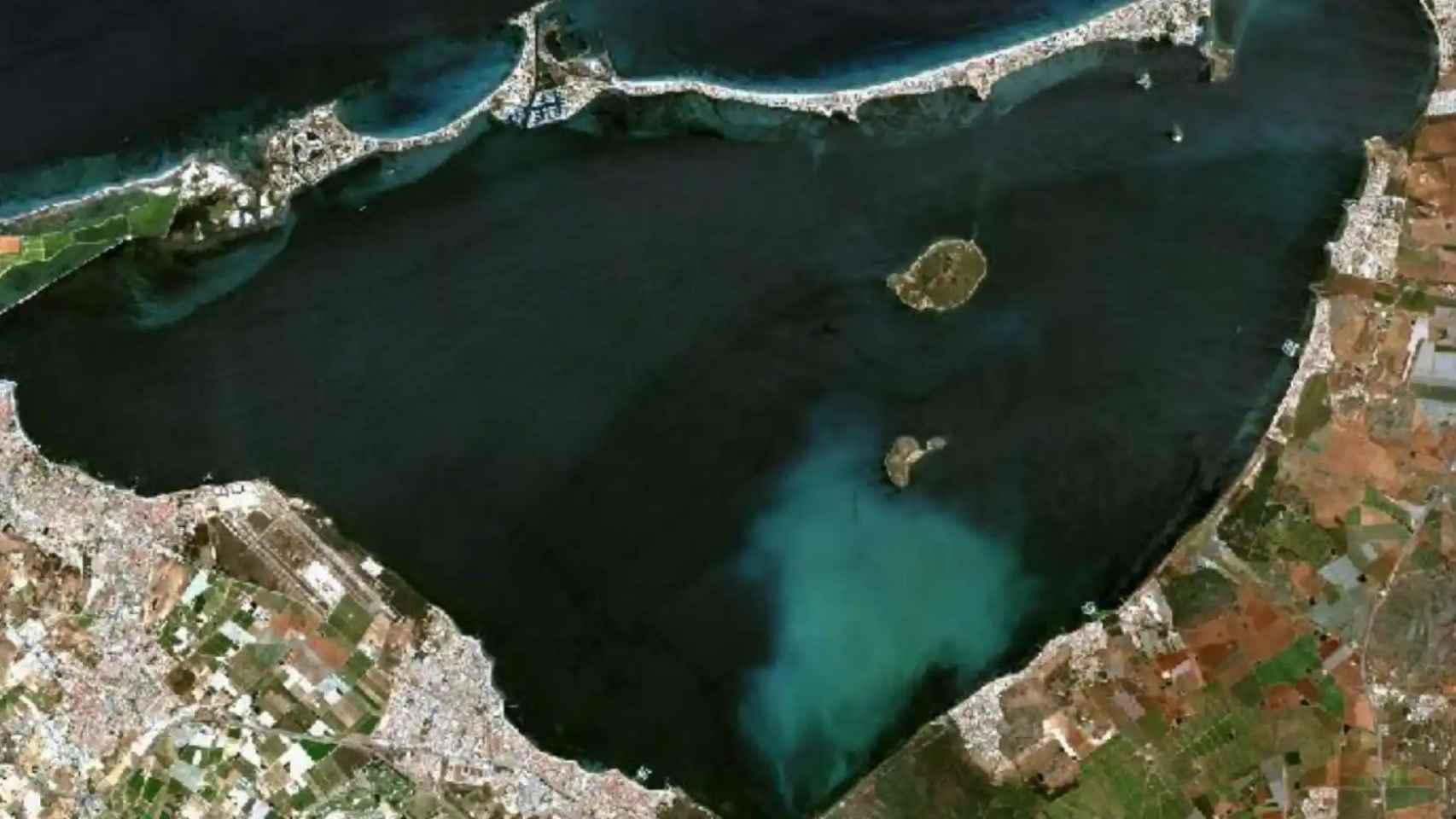 Detalle de la masa de agua blanquecina obtenido por el satélite Sentinel-2 y de las explotaciones agrícolas próximas al Mar Menor.