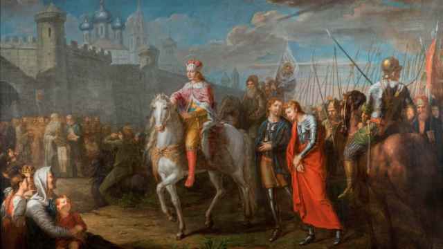 Entrada de Alejando Nevsky en Pskov traba la batalla de los hielos. Lienzo del pintor Grigory Ugryumov encargado por Catalina la Grande.