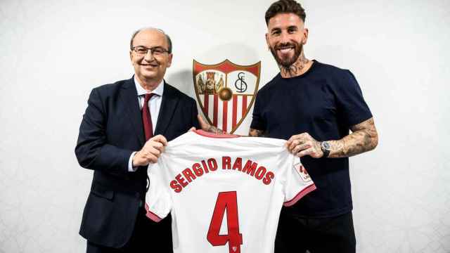 Sergio Ramos, durante su presentación con el Sevilla.
