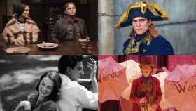 De izquierda a derecha y de arriba abajo, los fotogramas de las películas 'Los asesinos de la luna', de Martin Scorsese; 'Napoleón', de Ridley Scott; 'Maestro', de Bradley Cooper; y 'Wonka', de Paul King