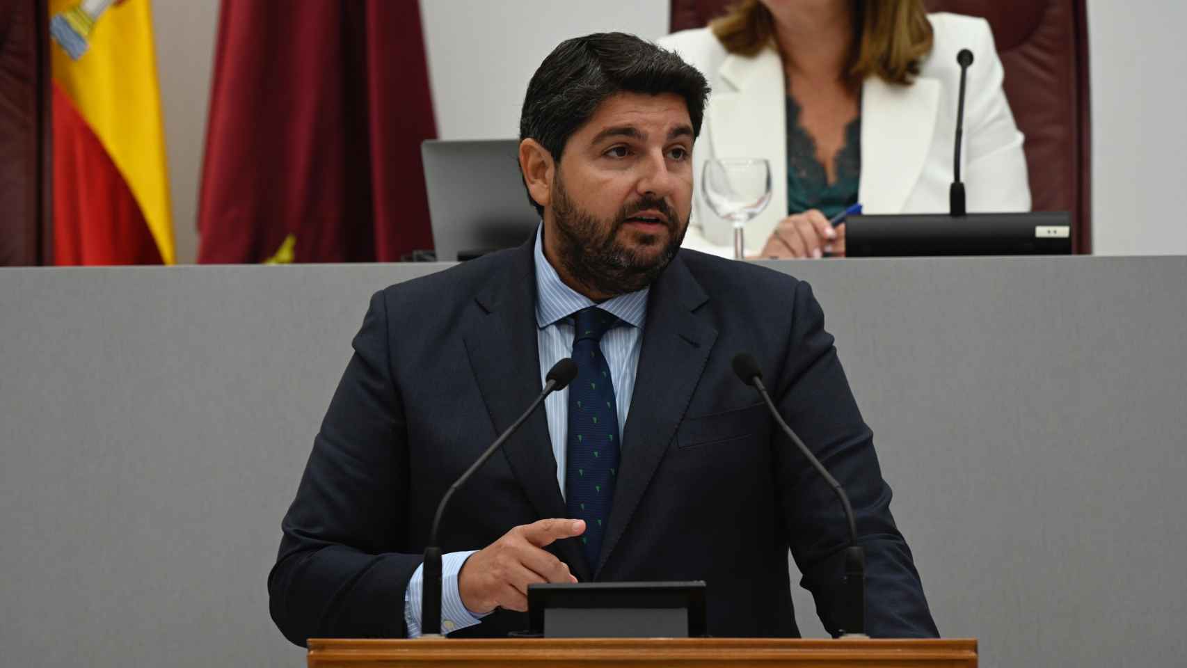 Fernando López Miras, este jueves, durante su intervención en la Asamblea Regional.