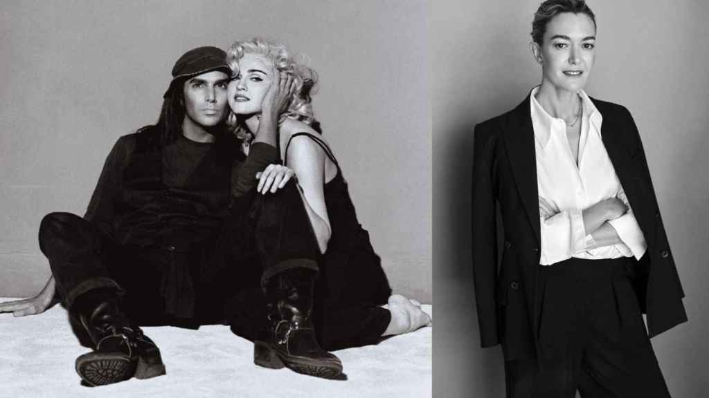De izquierda a derecha, Meisel posando junto a Madonna y retrato de Marta Ortega.