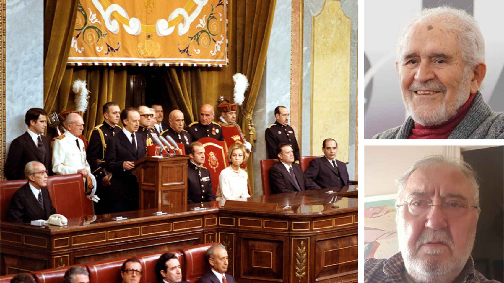 Imagen de la sesión de apertura de la legislatura constituyente, el 22 de julio de 1977, e imágenes actuales de los diputados Demetrio Madrid y Juan Luis Colino, en un montaje de EL ESPAÑOL