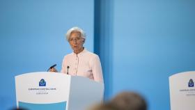 Christine Lagarde, presidenta del Banco Central Europeo (BCE), este jueves durante la rueda de prensa posterior a la reunión del Consejo de Gobierno.