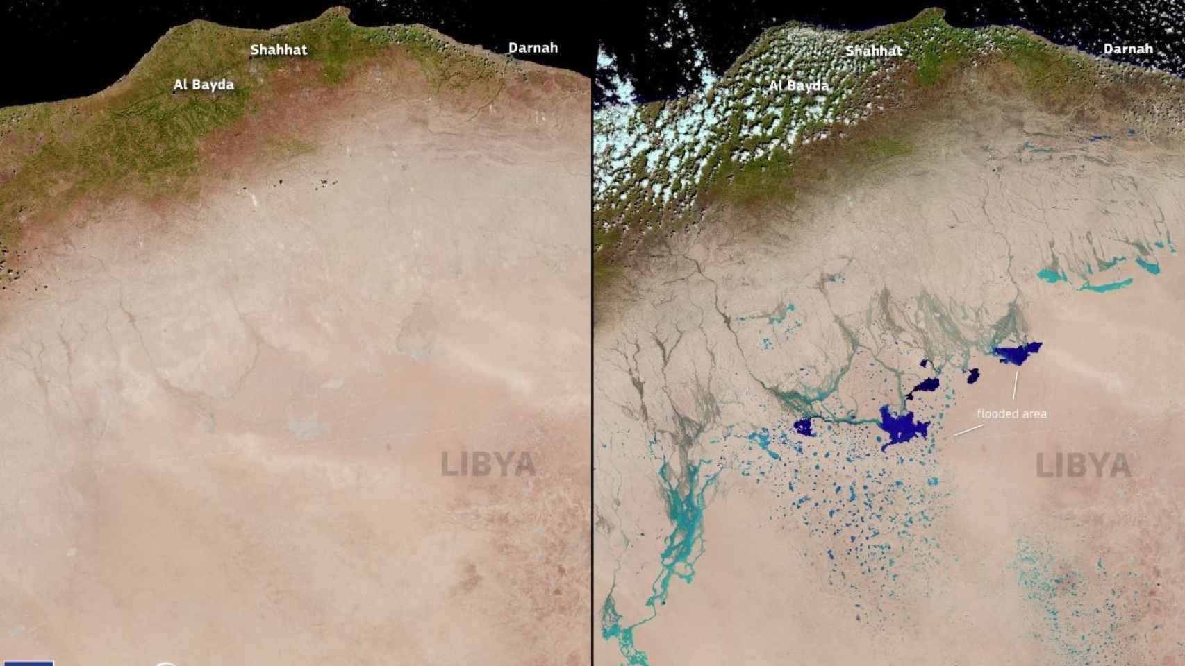 La tormenta Daniel ha provocado la aparición de lagos en una zona desértica de Libia.