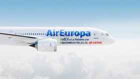 El avión promocional de Air Europa para su vuelvo con biocombustibles.