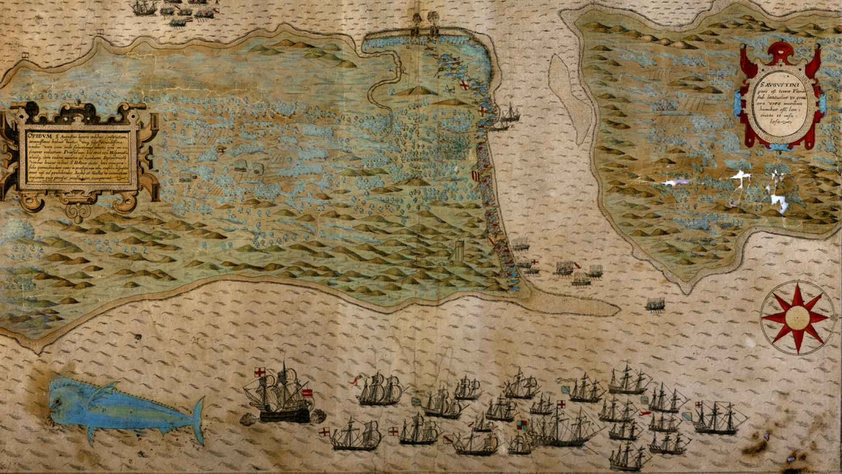 Mapa de un ataque inglés a cargo de Francis Drake sobre San Agustín, en la Florida, a finales del siglo XVI.