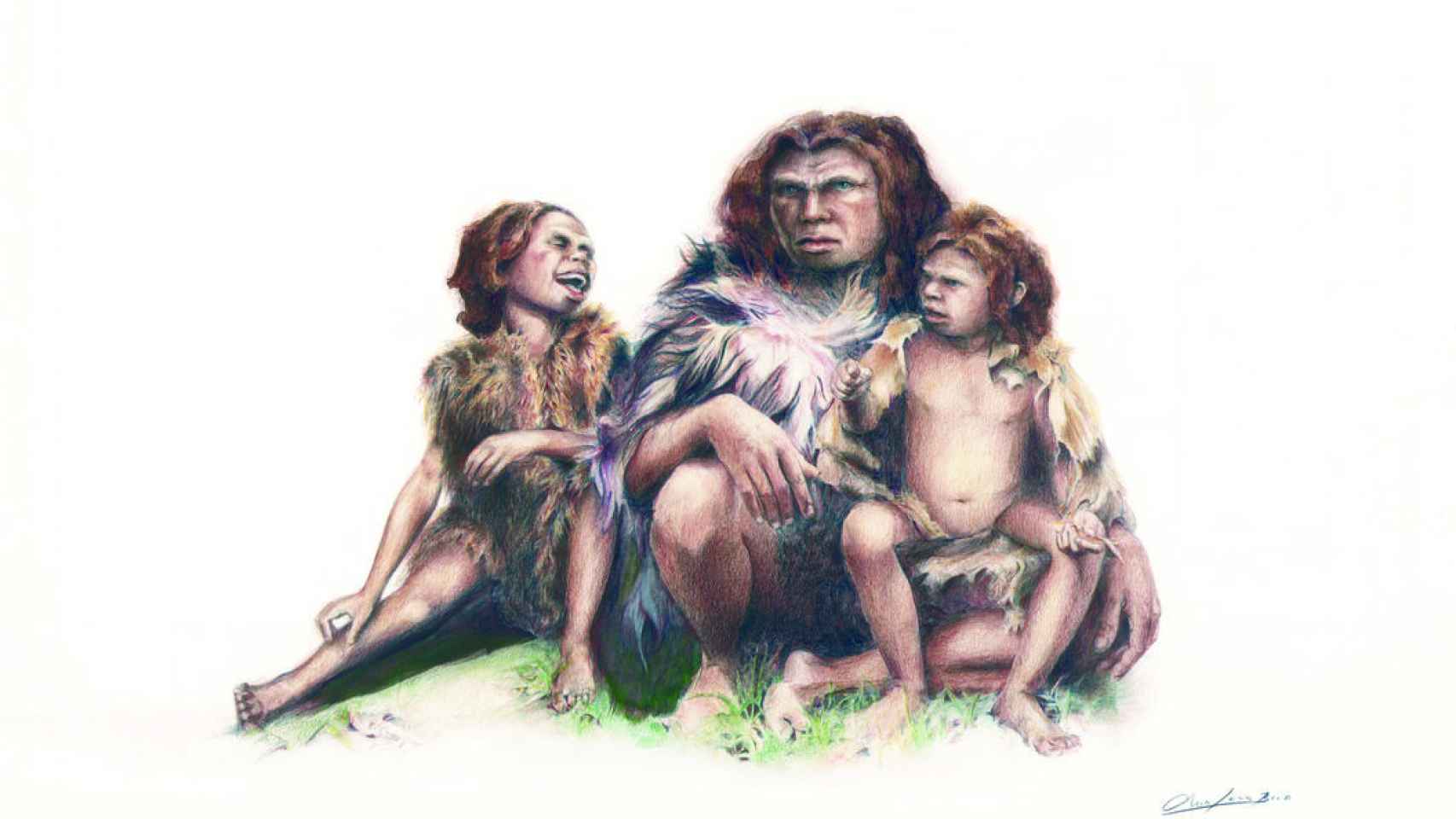 Ilustración de los tres individuos neandertales de la Cova Simanya.