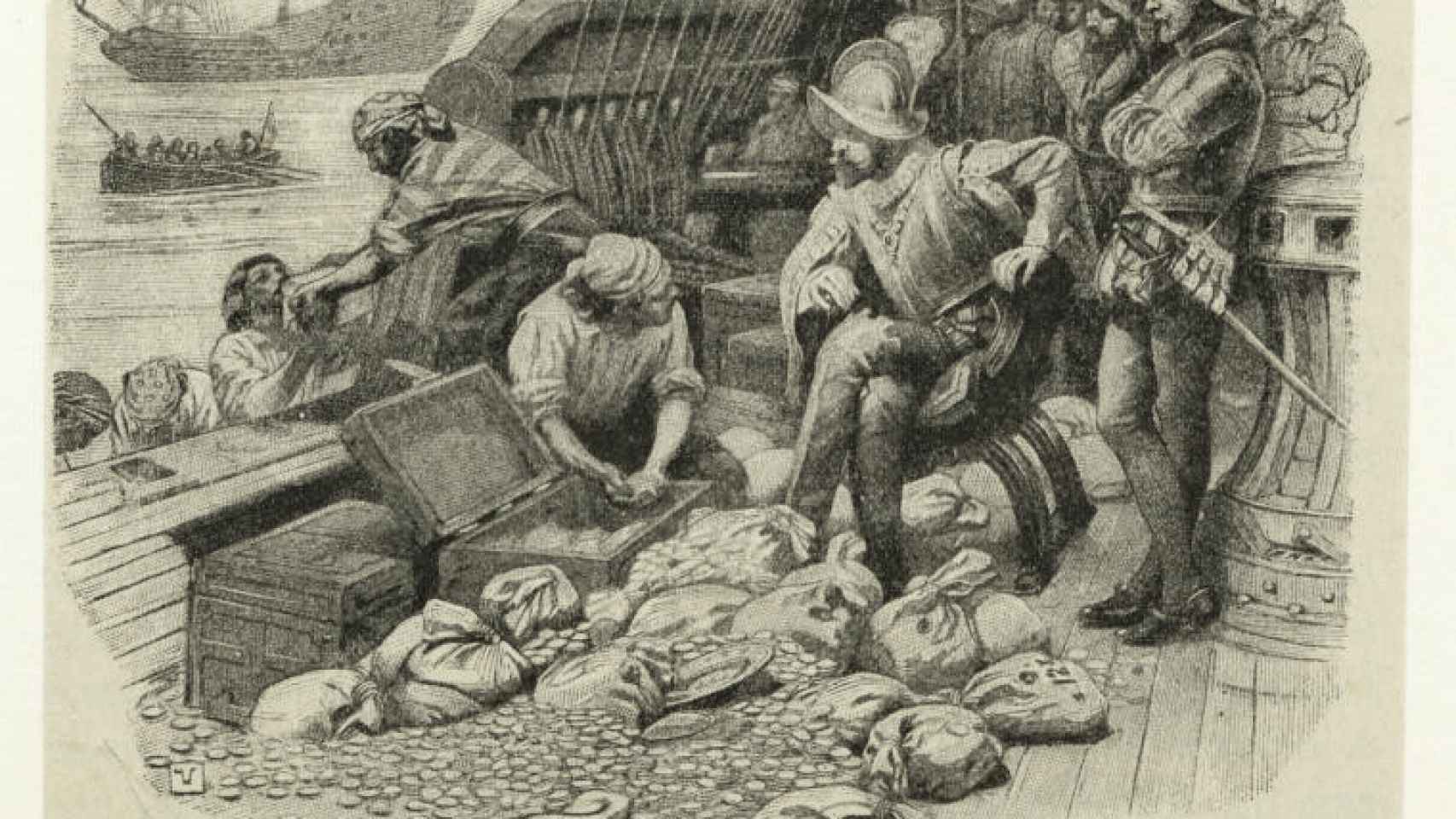 Grabado de Francis Drake inspeccionando el tesoro de un galeón capturado