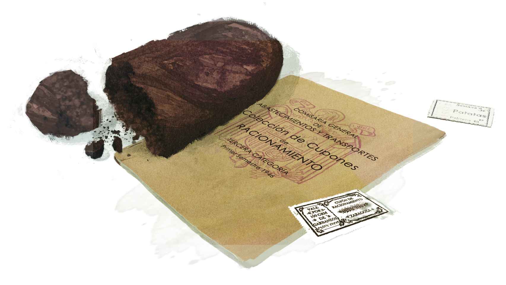 Un dibujo de un pan negro y una cartilla de racionamiento por el ilustrador José Carlos Sampedro.