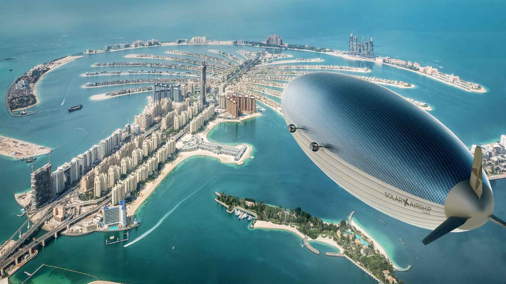 Montaje del Solar Airship One sobrevolando Dubái
