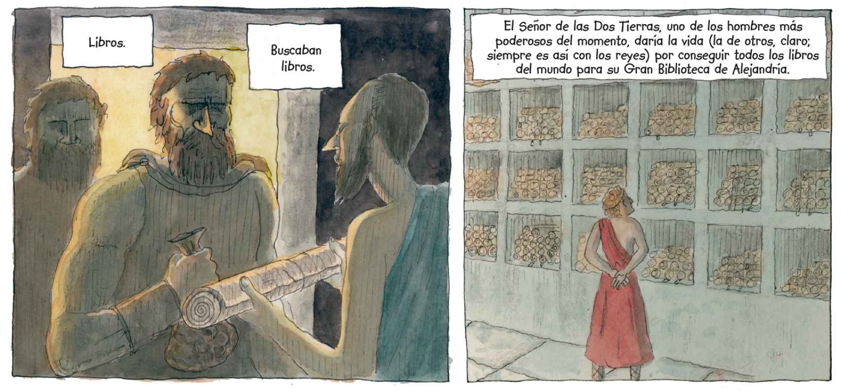 Viñetas de 'El infinito en un junco', de Tyto Alba e Irene Vallejo. Editorial Debate.