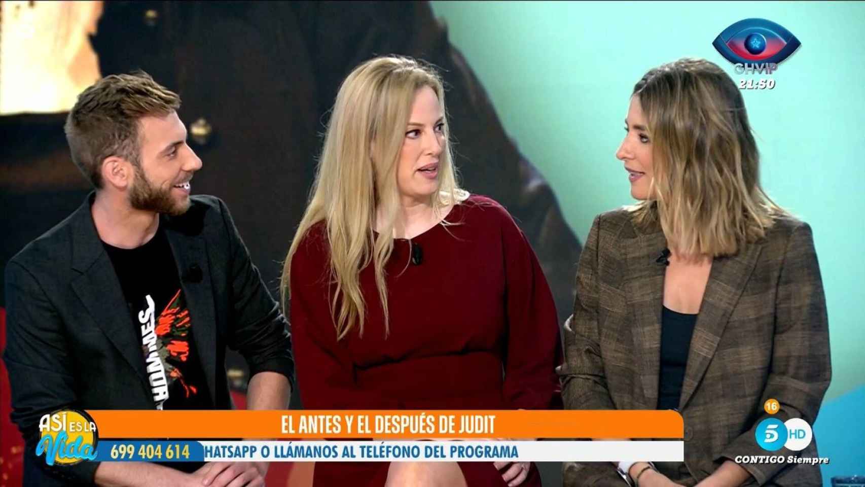 Judit Iglesias con Sandra Barneda y César Muñoz en 'Así es la vida'.