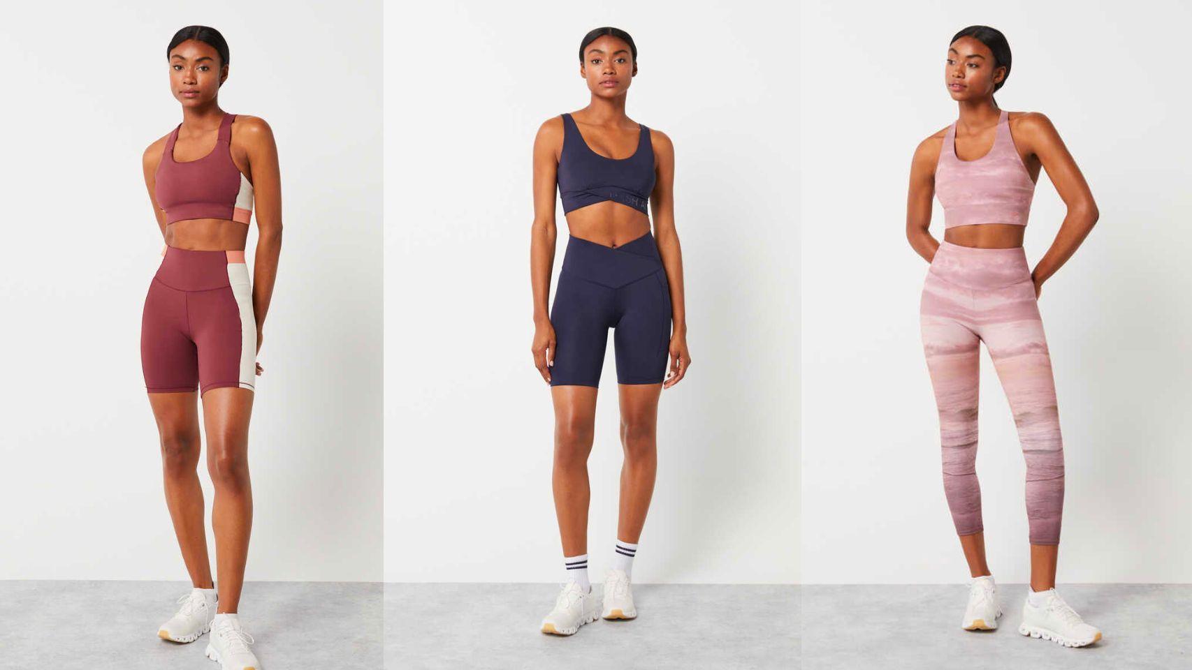 De izquierda a derecha, conjunto '4D Sretch' granate (top 25,99 €, leggins 23,99€); conjunto azul marino (25,99€ y 23,99€) y conjunto 'Sunset' (25,99€ y 27,99€).