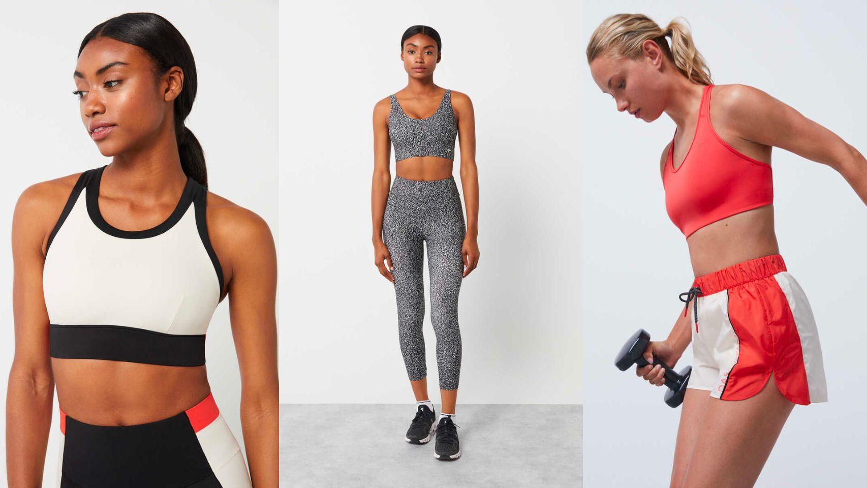 De izquierda a derecha, sujetador deportivo '4D Stretch' (25,99€); conjunto deportivo gris (top 25,99€ y 'legging' 27,99€); top rojo (23,99€) y 'short' ultraligero (23,99€).