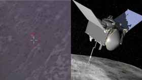 Fotomontaje con la imagen de la cápsula cayendo a la Tierra (izq.) y la representación de la sonda (der.)