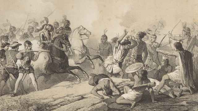 Litografía del siglo XIX que representa a Hernán Cortés y sus caballeros durante la batalla de Tabasco.