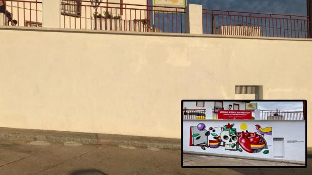 Imágenes de la pared con el mural borrado y el mural en cuestión en Castronuño