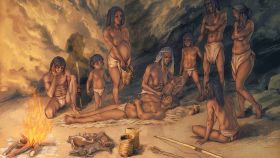 Recreación artística del uso de cestería mesolítica por un grupo de cazadores-recolectores en la cueva de los Murciélagos.