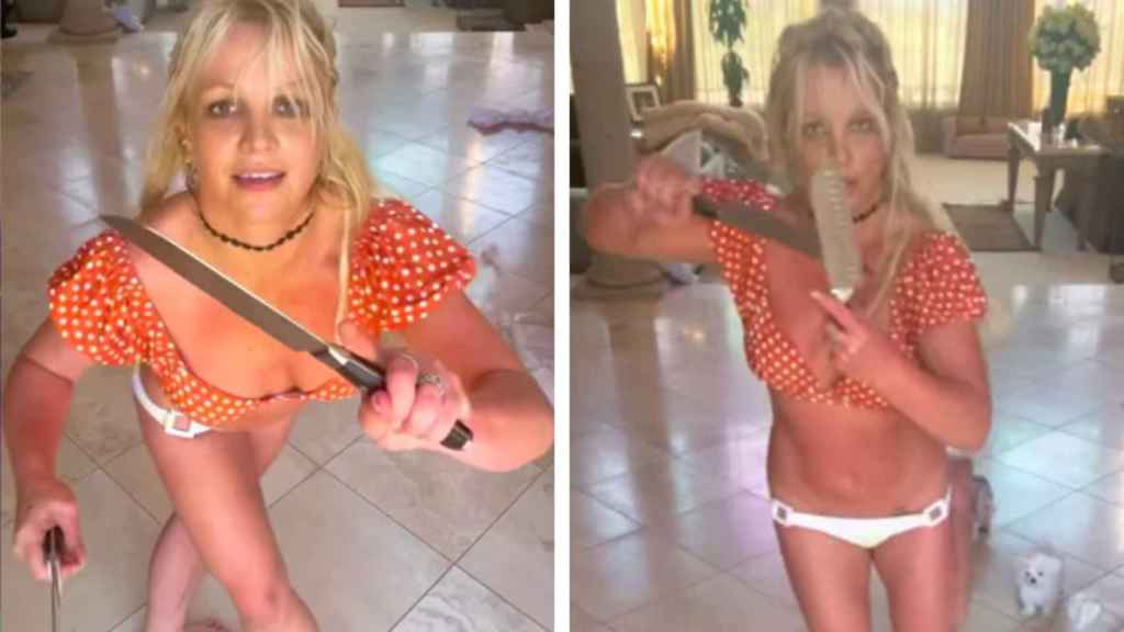Captura del vídeo de Britney Spears bailando con cuchillos.