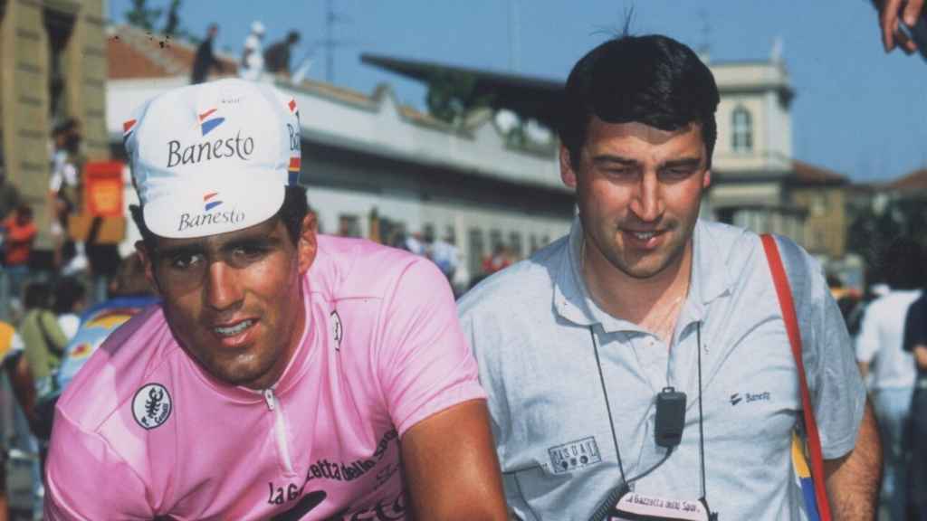 Francis Lafargue, junto a Miguel Indurain en un Giro de Italia.