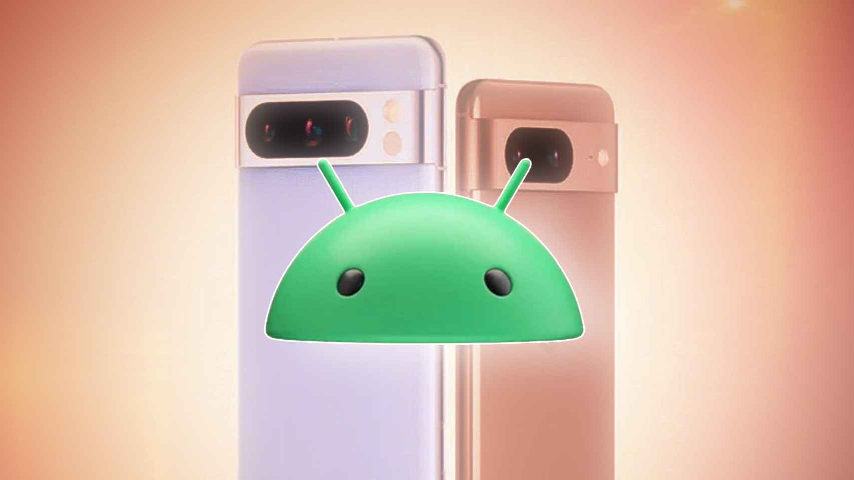 Fotomontaje del nuevo logotipo de Android y los Pixel 8 y 8 Pro