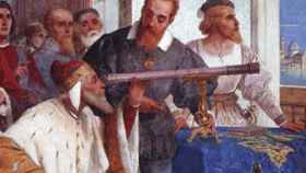 Galileo enseña un telescopio al Dux de Venecia.  Detalle de una obra de G. Bertini