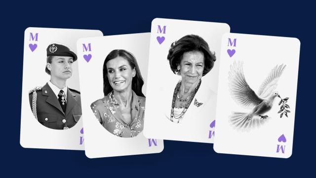 La Princesa Leonor de Borbón, la Reina Doña Letizia, la Reina Doña Sofía y la paloma de la paz.