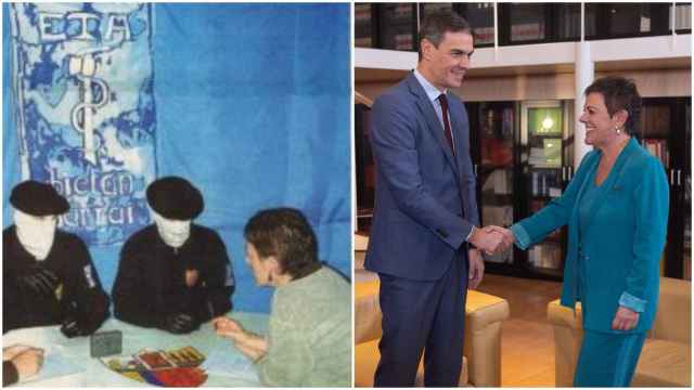 Dos imágenes que definen el camino de Mertxe Aizpurua en las últimas dos décadas: a la izquierda, entrevistando como directora de Gara a dos miembros de la cúpula de ETA, en 2001; a la derecha, junto al presidente del Gobierno, Pedro Sánchez, este viernes.