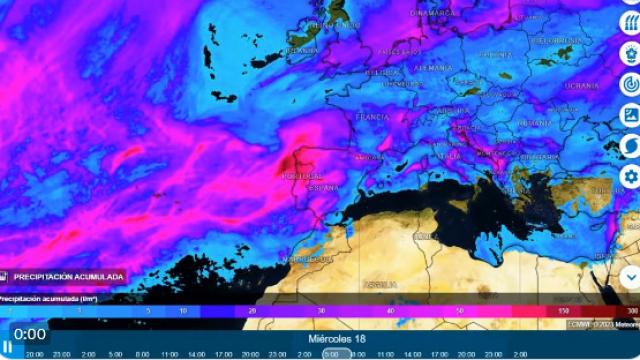 Mapa predictivo elaborado por Meteored con una previsión de la evolución del tren de borrascas