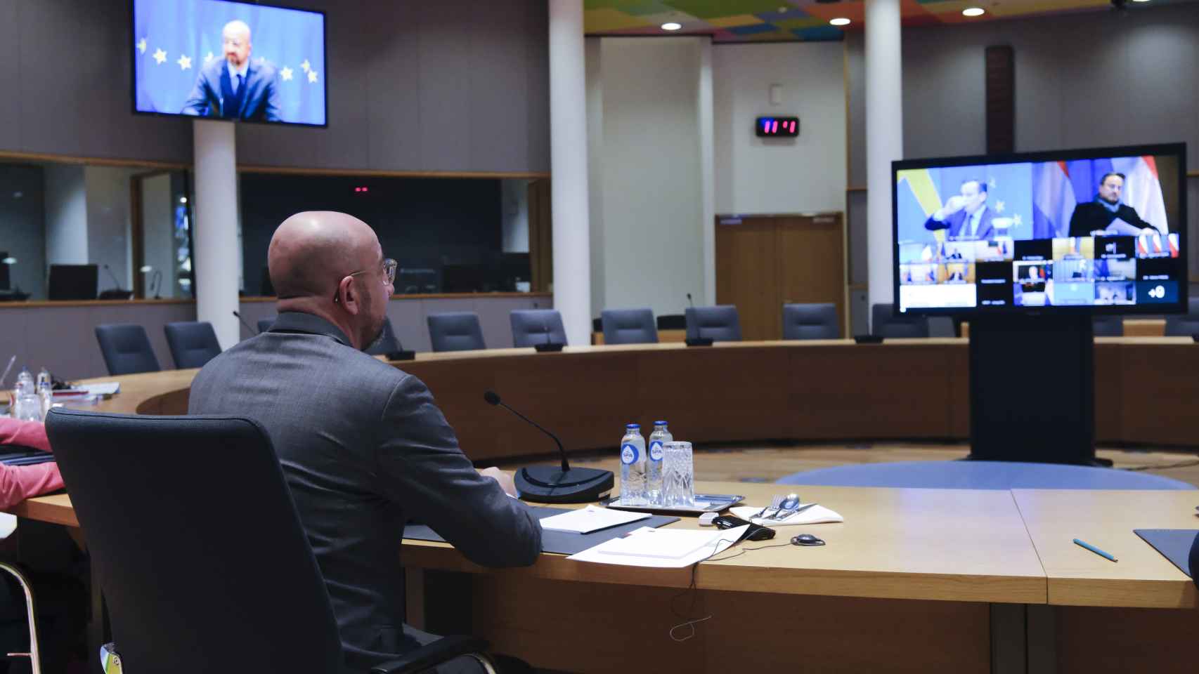 El presidente del Consejo Europeo, Charles Michel, durante la videocumbre de este martes en Bruselas