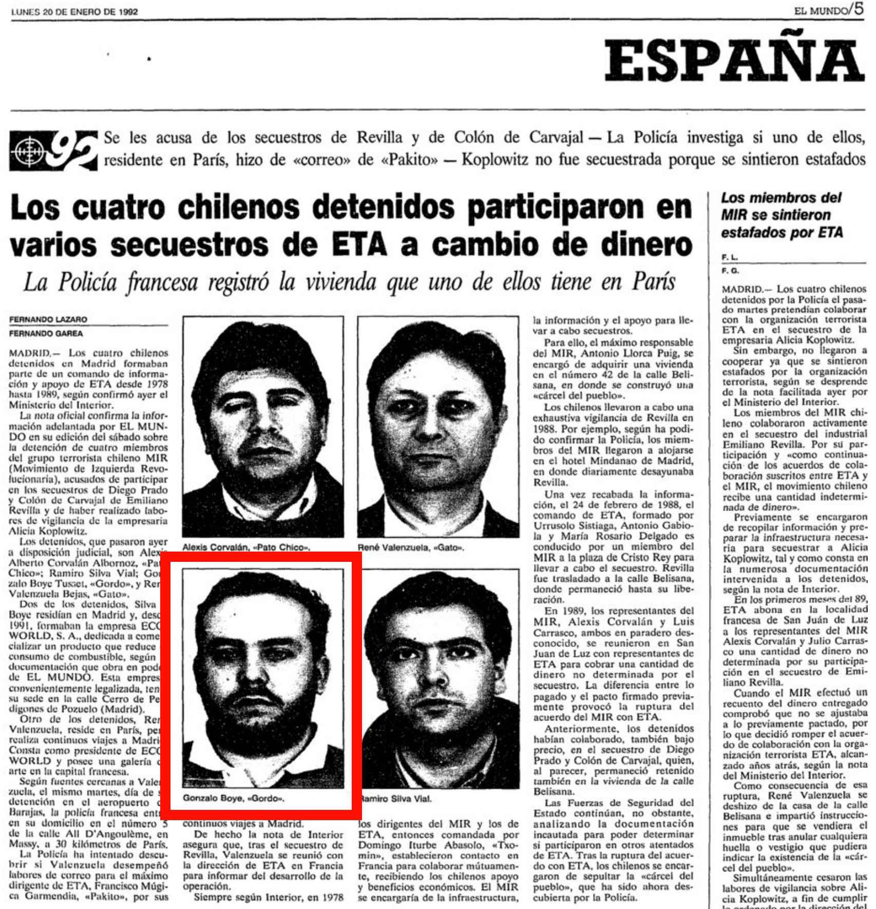 Una página de 'El Mundo' que informa de la detención de Gonzalo Boye, en 1992.