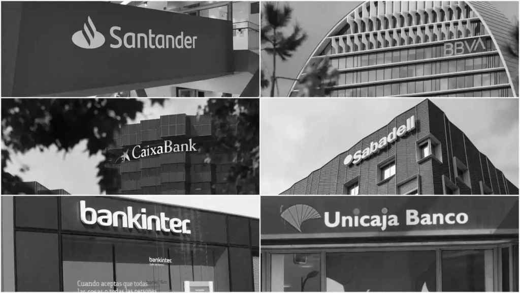 Logos de Banco Santander, BBVA, CaixaBank, Banco Sabadell, Bankinter y Unicaja Banco.