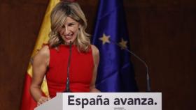 Yolanda Díaz, el martes, tras la firma del acuerdo con Sánchez, en el Museo Reina Sofía, en Madrid.