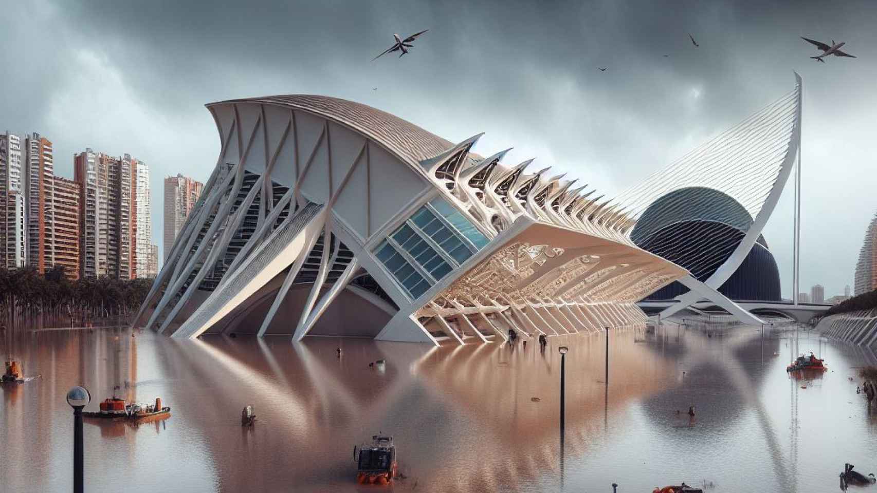 La Ciudad de las Artes y las Ciencias inundada, según la IA.