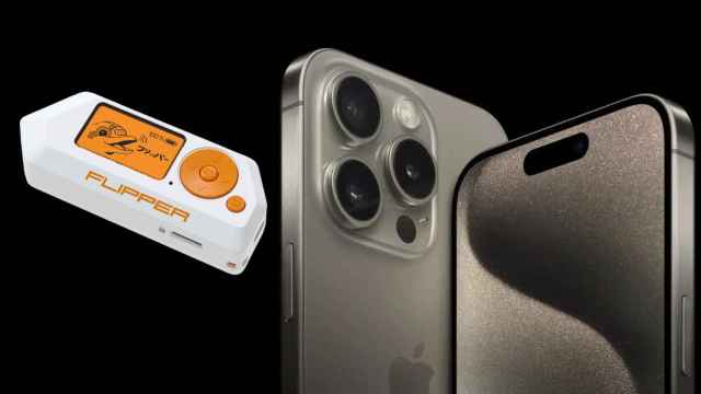 iPhone 15 con el Flipper Zero en un fotomontaje.