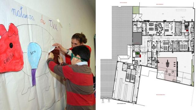 Un colegio de educación especial a la izquierda y el plano del nuevo para Valladolid, a la derecha