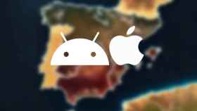Logotipo de Apple y de Android sobre mapa de España