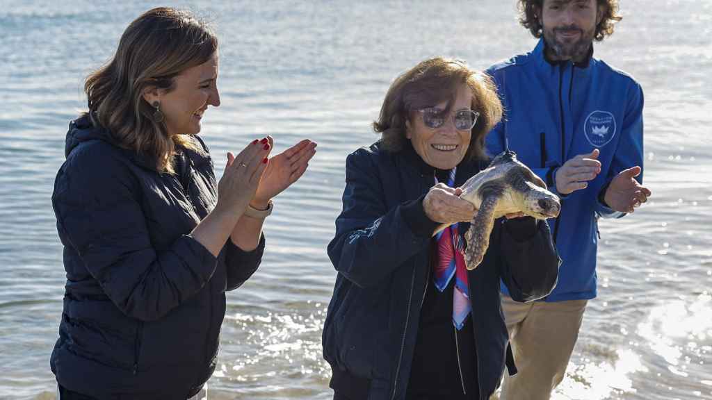 La alcaldesa de Valencia, María José Catalá, asiste a la suelta de una tortuga junto a la doctora Sylvia Earle, en la playa de El Saler