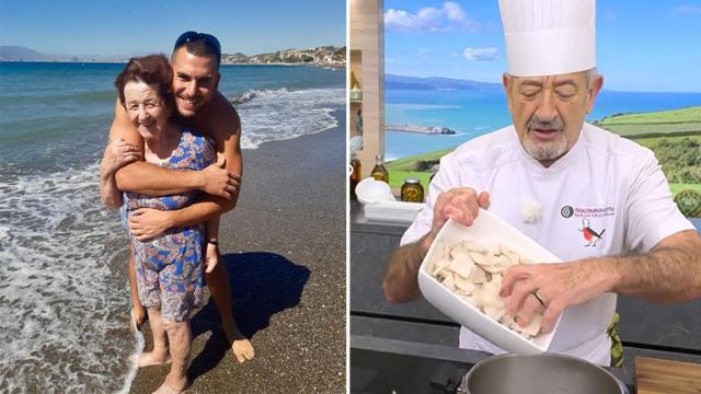 La abuela Tasi con su nieto Juan, a la izquierda y Karlos Arguiñano