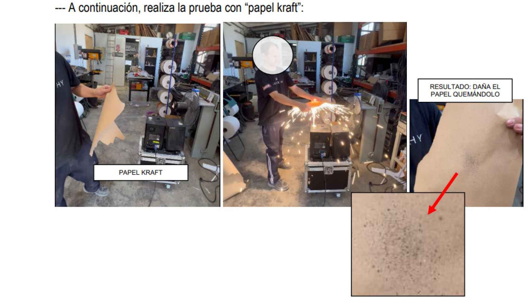El experto en material pirotécnico muestra a la Policía Nacional el papel kraft quemado con la máquina de fuego frío.