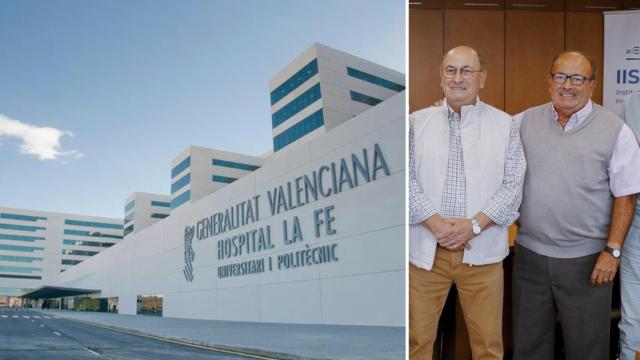 Juan José y Vicente, hermanos de María, junto a una imagen de las instalaciones del hospital.